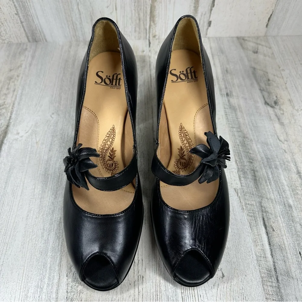 New Sofft Geva Black Leather Peep Toe Stacked Heel Mary Jane